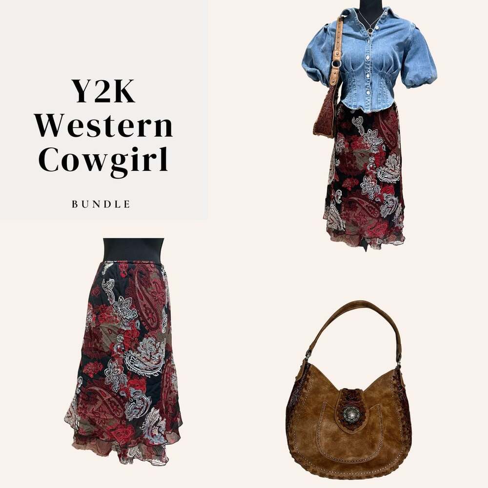 y2k western cowgirl bundle denim top + trinity ranch bag + paisley skirt